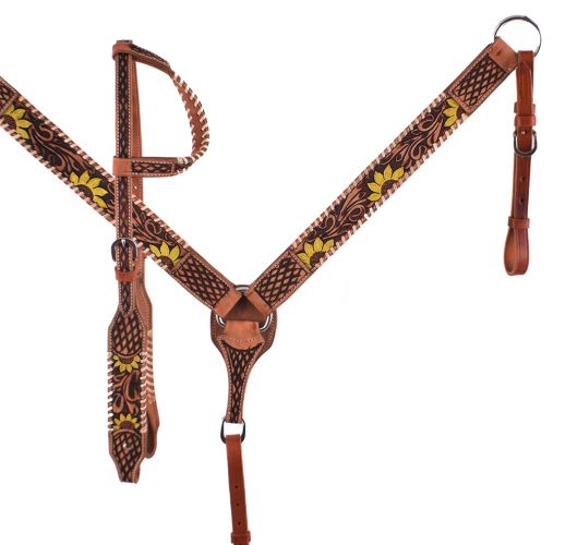 7047X: Showman ® Hand Painted Sunflower One Ear Headstall and Breastcollar Set Headstall & Breast Collar Set Showman