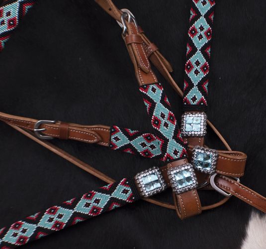 7048: Showman ® Teal and Red Navajo Beaded headstall and breast collar set Headstall & Breast Collar Set Showman