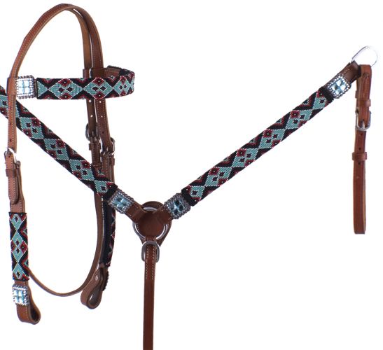 7048: Showman ® Teal and Red Navajo Beaded headstall and breast collar set Headstall & Breast Collar Set Showman