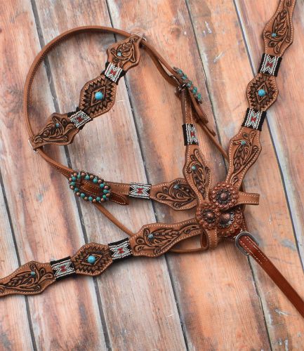 7053X: Showman ® Beaded Headstall and Breastcollar Set with tribal tooling Headstall & Breast Collar Set Showman