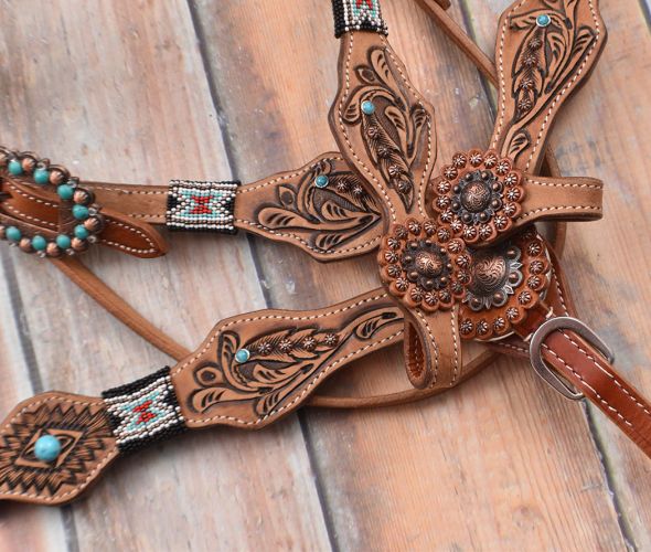 7053X: Showman ® Beaded Headstall and Breastcollar Set with tribal tooling Headstall & Breast Collar Set Showman
