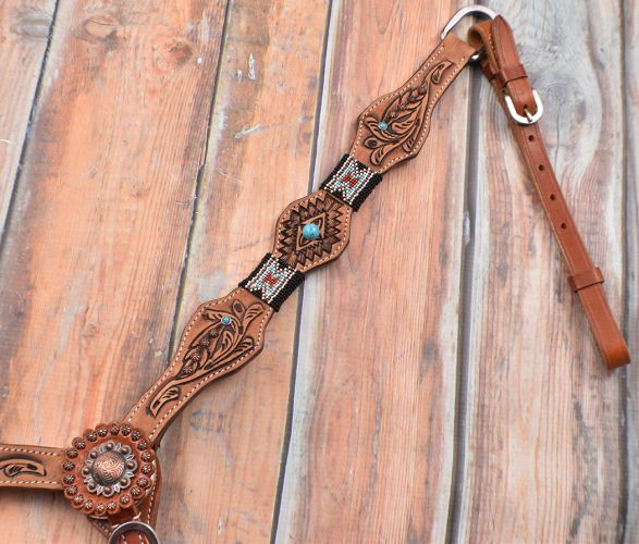 7053X: Showman ® Beaded Headstall and Breastcollar Set with tribal tooling Headstall & Breast Collar Set Showman