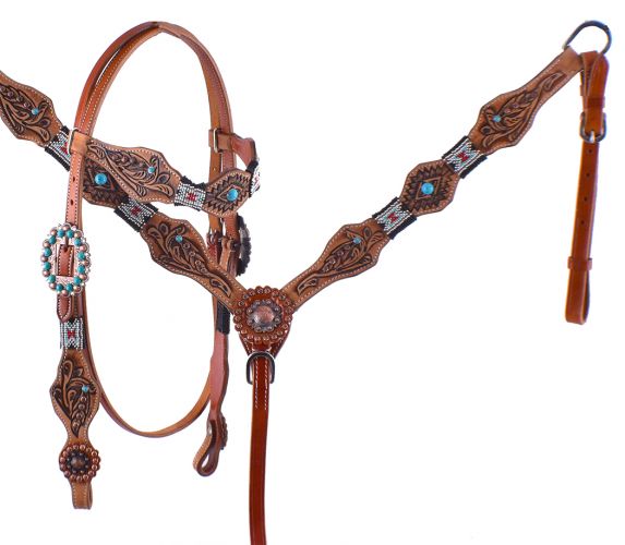 7053X: Showman ® Beaded Headstall and Breastcollar Set with tribal tooling Headstall & Breast Collar Set Showman