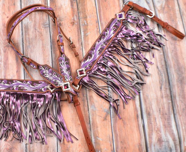7054: Showman ® Purple hand painted browband headstall and breast collar set Headstall & Breast Collar Set Showman
