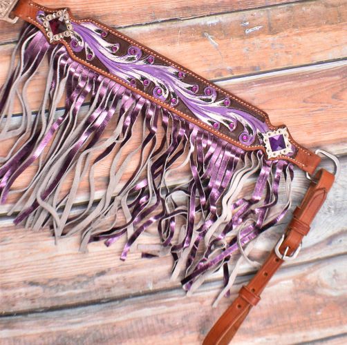 7054: Showman ® Purple hand painted browband headstall and breast collar set Headstall & Breast Collar Set Showman