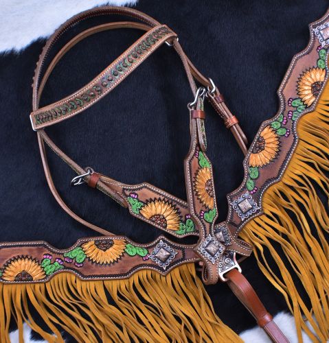 7061X: Showman ® Hand Painted Sunflower and Cactus Browband Headstall and Breastcollar Set with Fr Headstall & Breast Collar Set Showman