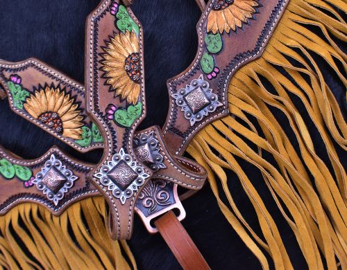 7061X: Showman ® Hand Painted Sunflower and Cactus Browband Headstall and Breastcollar Set with Fr Headstall & Breast Collar Set Showman
