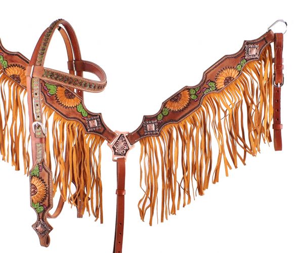 7061X: Showman ® Hand Painted Sunflower and Cactus Browband Headstall and Breastcollar Set with Fr Headstall & Breast Collar Set Showman