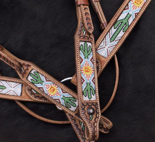 7071: Showman ® Cactus and Navajo Print Beaded headstall and breast collar set Headstall & Breast Collar Set Showman