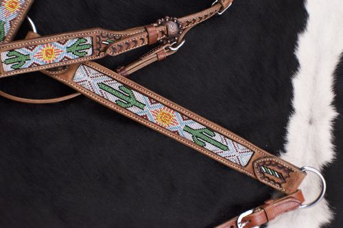 7071: Showman ® Cactus and Navajo Print Beaded headstall and breast collar set Headstall & Breast Collar Set Showman