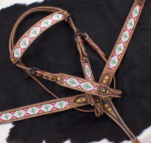 7072: Showman ® Cactus Print Beaded headstall and breast collar set Headstall & Breast Collar Set Showman