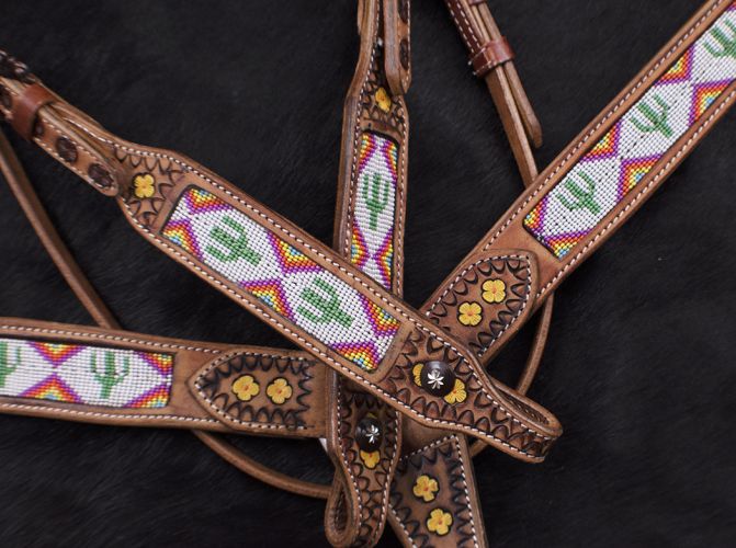 7072: Showman ® Cactus Print Beaded headstall and breast collar set Headstall & Breast Collar Set Showman