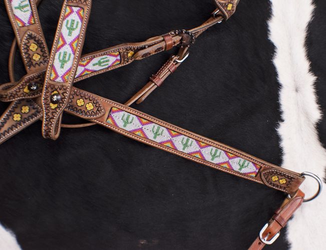 7072: Showman ® Cactus Print Beaded headstall and breast collar set Headstall & Breast Collar Set Showman