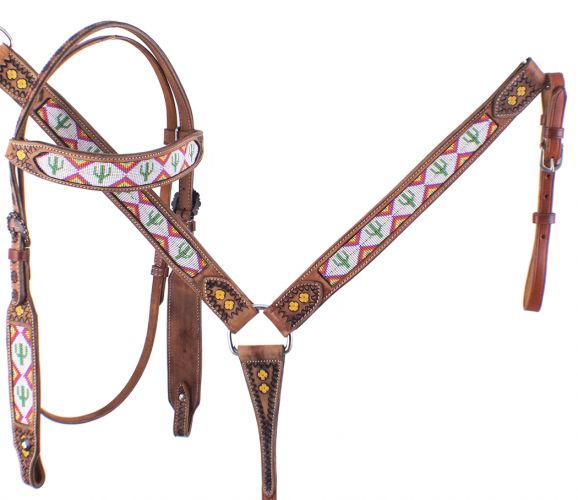 7072: Showman ® Cactus Print Beaded headstall and breast collar set Headstall & Breast Collar Set Showman
