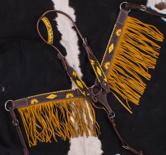 7073: Showman ® Dark Oil, Hand Painted Sunflower Single Ear Headstall and Breast collar Set with F Headstall & Breast Collar Set Showman