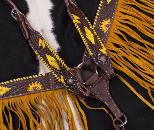 7073: Showman ® Dark Oil, Hand Painted Sunflower Single Ear Headstall and Breast collar Set with F Headstall & Breast Collar Set Showman