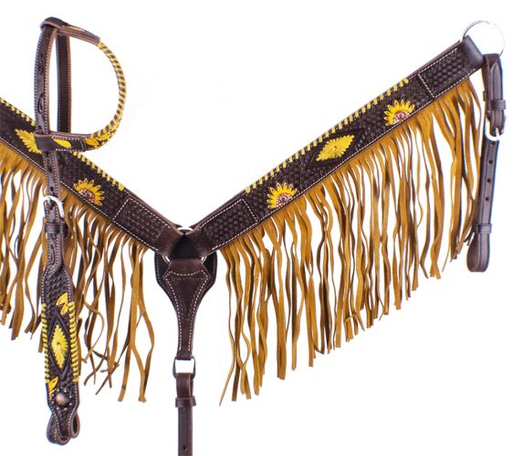 7073: Showman ® Dark Oil, Hand Painted Sunflower Single Ear Headstall and Breast collar Set with F Headstall & Breast Collar Set Showman