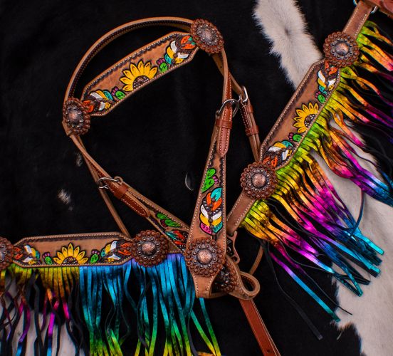 7076: Showman ® Hand Painted Feather, Sunflower and Cactus Brow band Headstall and Breast collar S Headstall & Breast Collar Set Showman