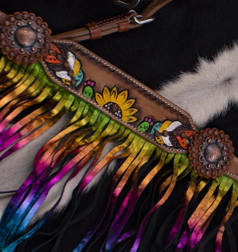 7076: Showman ® Hand Painted Feather, Sunflower and Cactus Brow band Headstall and Breast collar S Headstall & Breast Collar Set Showman