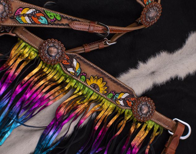 7076: Showman ® Hand Painted Feather, Sunflower and Cactus Brow band Headstall and Breast collar S Headstall & Breast Collar Set Showman