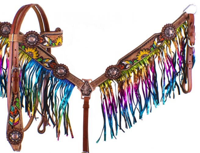 7076: Showman ® Hand Painted Feather, Sunflower and Cactus Brow band Headstall and Breast collar S Headstall & Breast Collar Set Showman