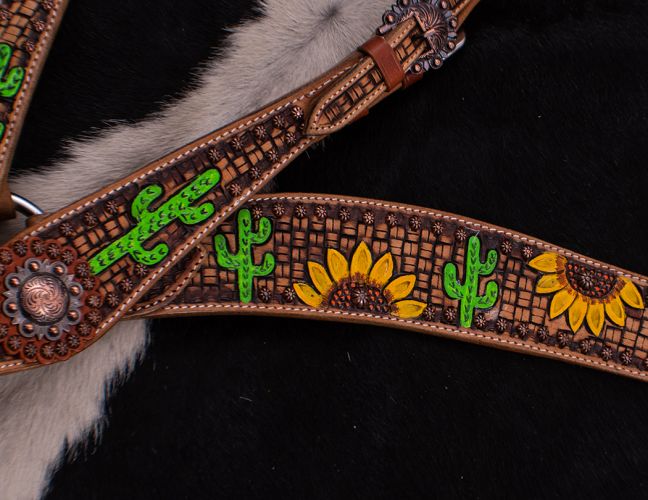 7077: Showman ® Hand Painted Sunflower Halves and Cactus Brow band Headstall and Breast collar Set Headstall & Breast Collar Set Showman