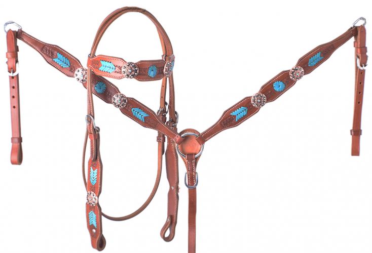 7078: Showman™ Headstall and breast collar set with turquoise rawhide accents Headstall & Breast Collar Set Showman