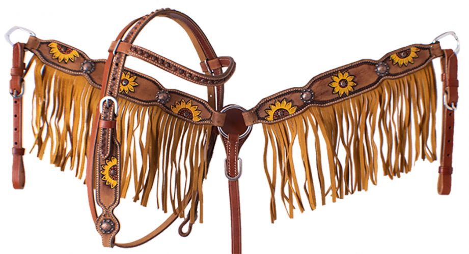 7079: Showman ® PONY Hand painted sunflower headstall and breast collar set with fringe Headstall & Breast Collar Set Showman
