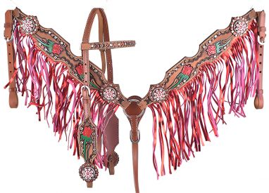 7082X: Showman ® Rose painted brow band headstall and fringe breast collar set Headstall & Breast Collar Set Showman