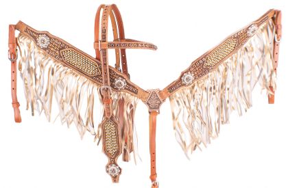 7083: Showman ® Gold & Pearl Inlay Browband Headstall and Breast Collar Set with Gold m Headstall & Breast Collar Set Showman