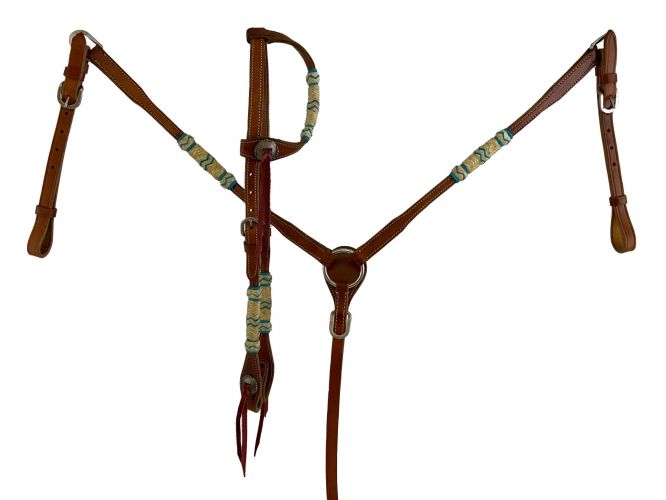 7085: Showman ® One Ear Rawhide Bridle & Breast collar set, this medium oil set features Headstall & Breast Collar Set Showman