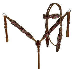 7087: Showman ® Hand Painted Aztec Brow band Headstall and Breast collar Set Headstall & Breast Collar Set Showman