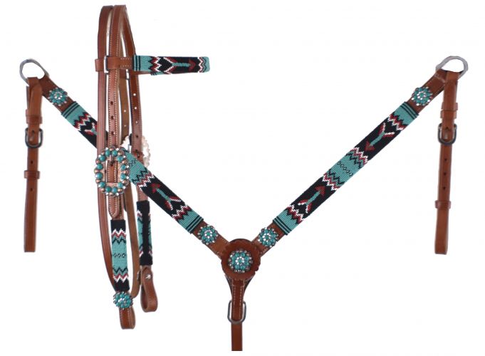 7089: Showman™ Medium oil leather browband headstall with beaded arrow design Headstall & Breast Collar Set Showman