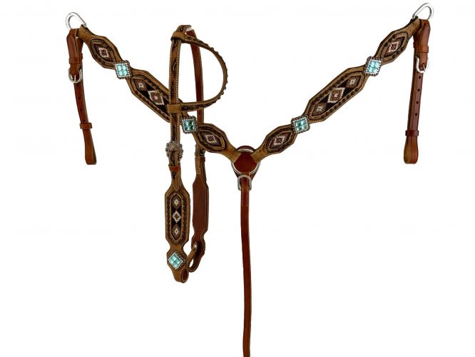 7090: Showman™ Medium oil leather one ear headstall with beaded southwest design Headstall & Breast Collar Set Showman