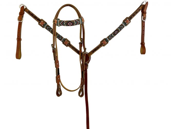 7091: Showman™ Medium oil leather browband headstall with beaded southwest design Headstall & Breast Collar Set Showman