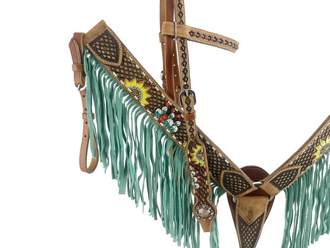 7092: Showman ® Hand painted cactus and sunflower design headstall and breast collar with fringe Headstall & Breast Collar Set Showman