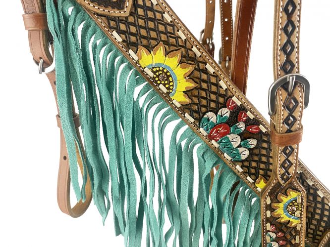 7092: Showman ® Hand painted cactus and sunflower design headstall and breast collar with fringe Headstall & Breast Collar Set Showman