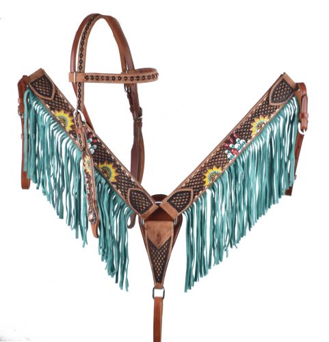 7092: Showman ® Hand painted cactus and sunflower design headstall and breast collar with fringe Headstall & Breast Collar Set Showman