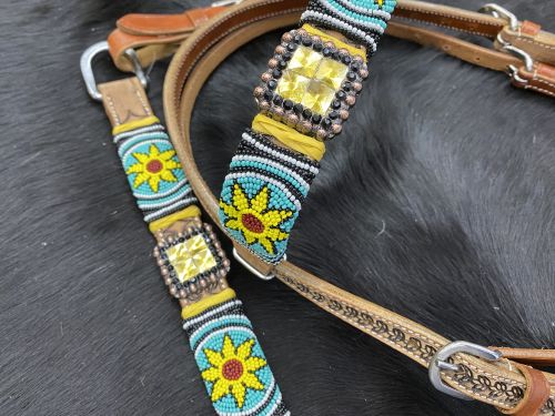 7094: Showman™ Medium oil leather browband headstall with beaded sunflower design Headstall & Breast Collar Set Showman
