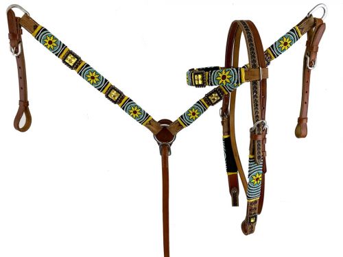 7094: Showman™ Medium oil leather browband headstall with beaded sunflower design Headstall & Breast Collar Set Showman