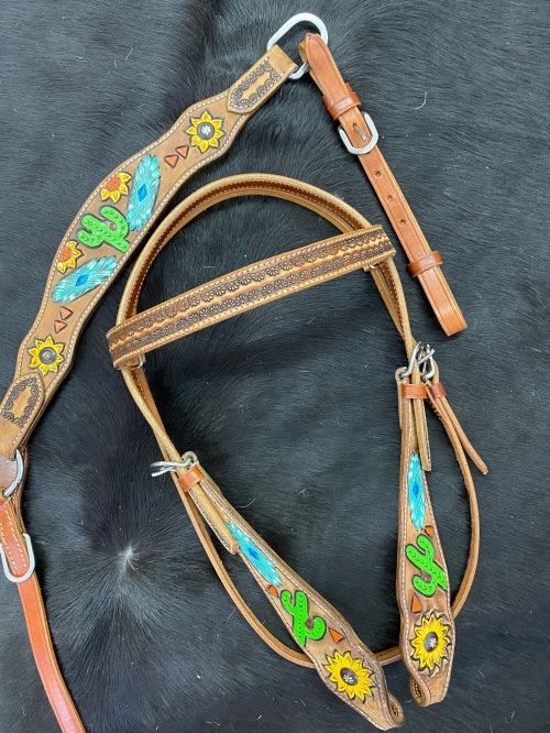 7095: Showman ® Hand painted sunflower, southwest and cactus headstall and breast collar set Headstall & Breast Collar Set Showman