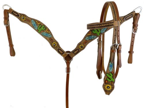 7095: Showman ® Hand painted sunflower, southwest and cactus headstall and breast collar set Headstall & Breast Collar Set Showman