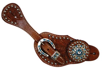 7124: Showman™Ladies spur strap with acorn tooling accented with blue crystal rhinestones Spur Straps Showman