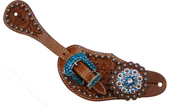 7133: Showman™ Ladies Tooled Leather Spur Straps with Blue Rhinestone Hardware and conchos Spur Straps Showman