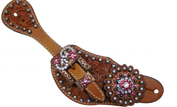 7136: Showman™ Ladies Tooled Leather Spur Straps with Vintage Style Buckle and Crystal Rhinestone Spur Straps Showman