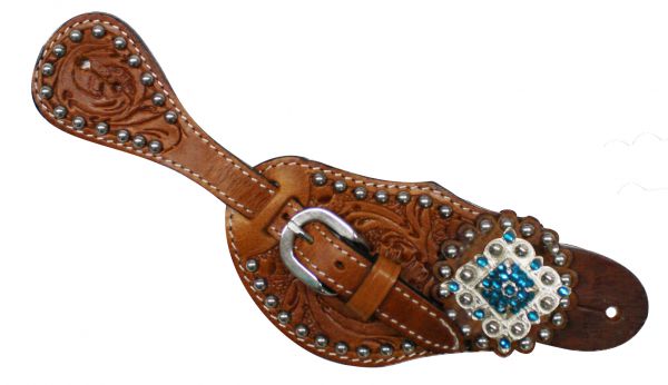 7137: Showman™ Ladies Tooled Leather Spur Straps with Diamond Shaped Blue Rhinestone Conchos Spur Straps Showman