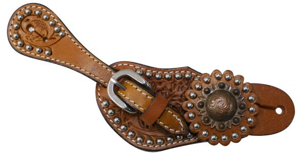 7158x: Showman ® Youth silver studded spur straps with vintage rosette concho Spur Straps Showman