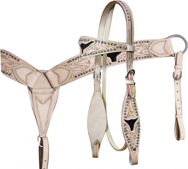 7160: Showman Leather double stitched tooled browband headstall, reins and tooled breastcollar set Headstall & Breast Collar Set Showman