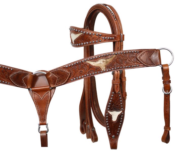 7160: Showman Leather double stitched tooled browband headstall, reins and tooled breastcollar set Headstall & Breast Collar Set Showman