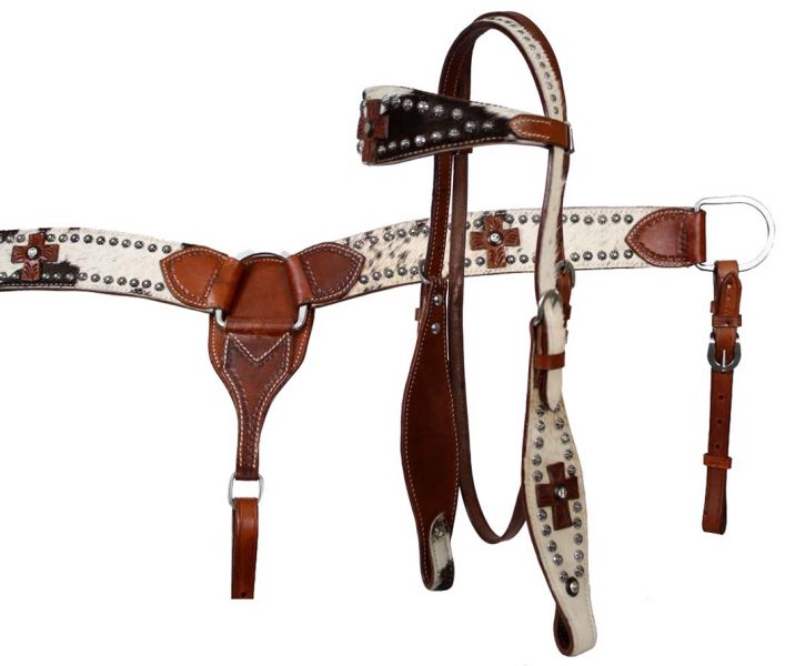 7174: Leather double stitched wide browband headstall, reins and breastcollar set with hair on co Headstall & Breast Collar Set Showman